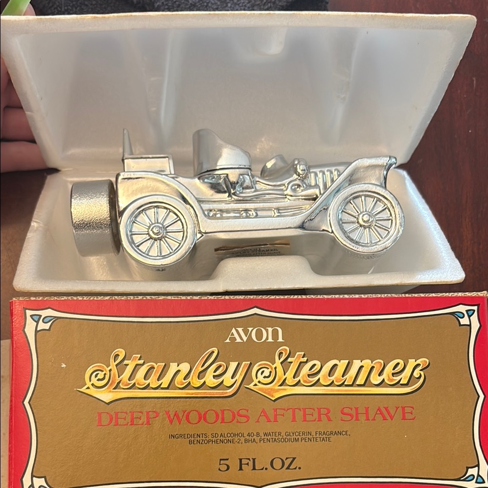 Vintage Avon Silver Stanley Steamer Deep Woods After Shave bottle w box